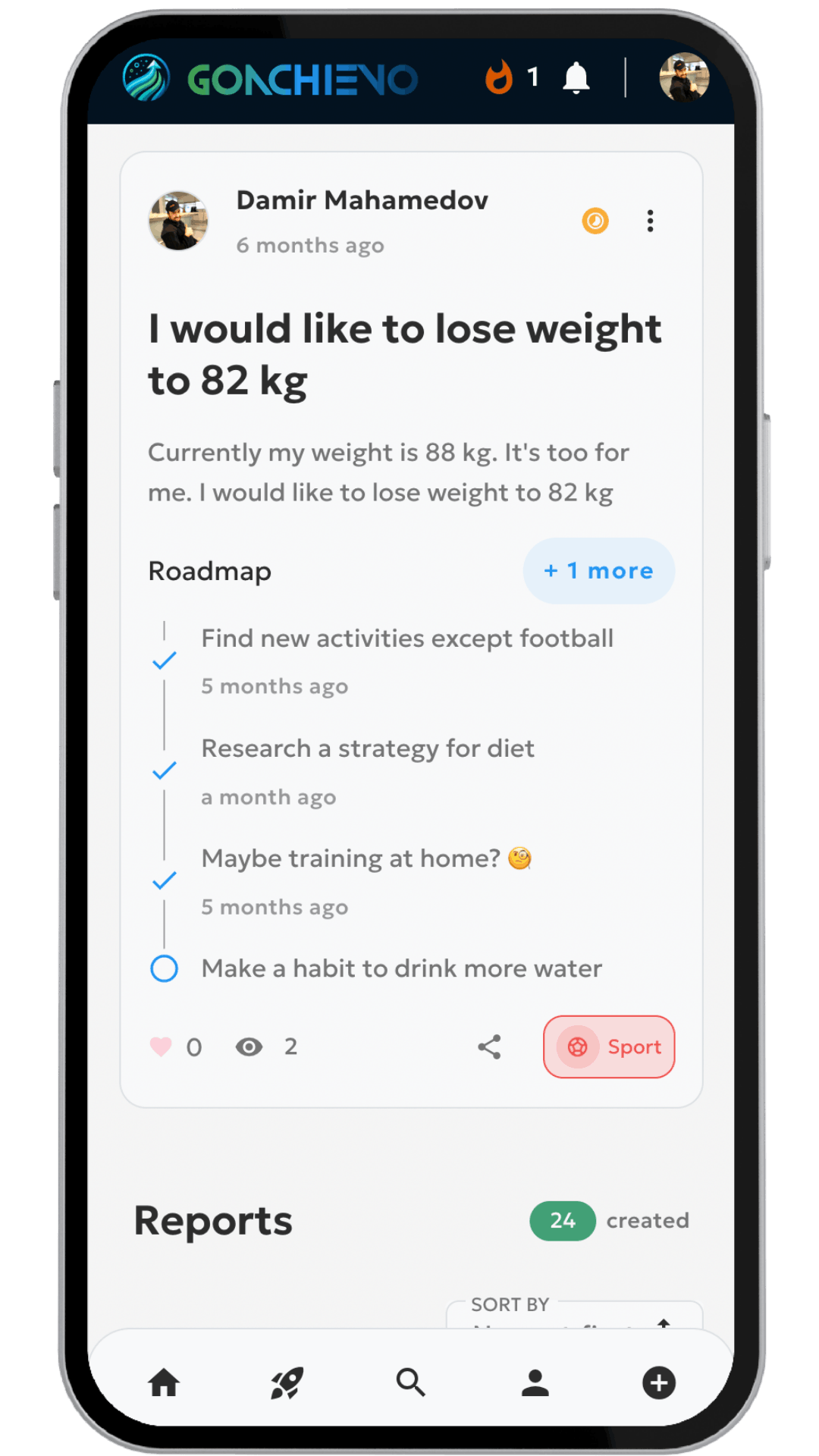 GoAchievo achievement details showing progress timeline and comments