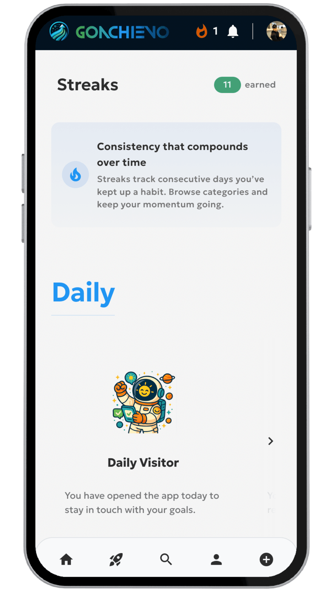 GoAchievo streaks screen displaying 7, 30, and 100-day streak badges