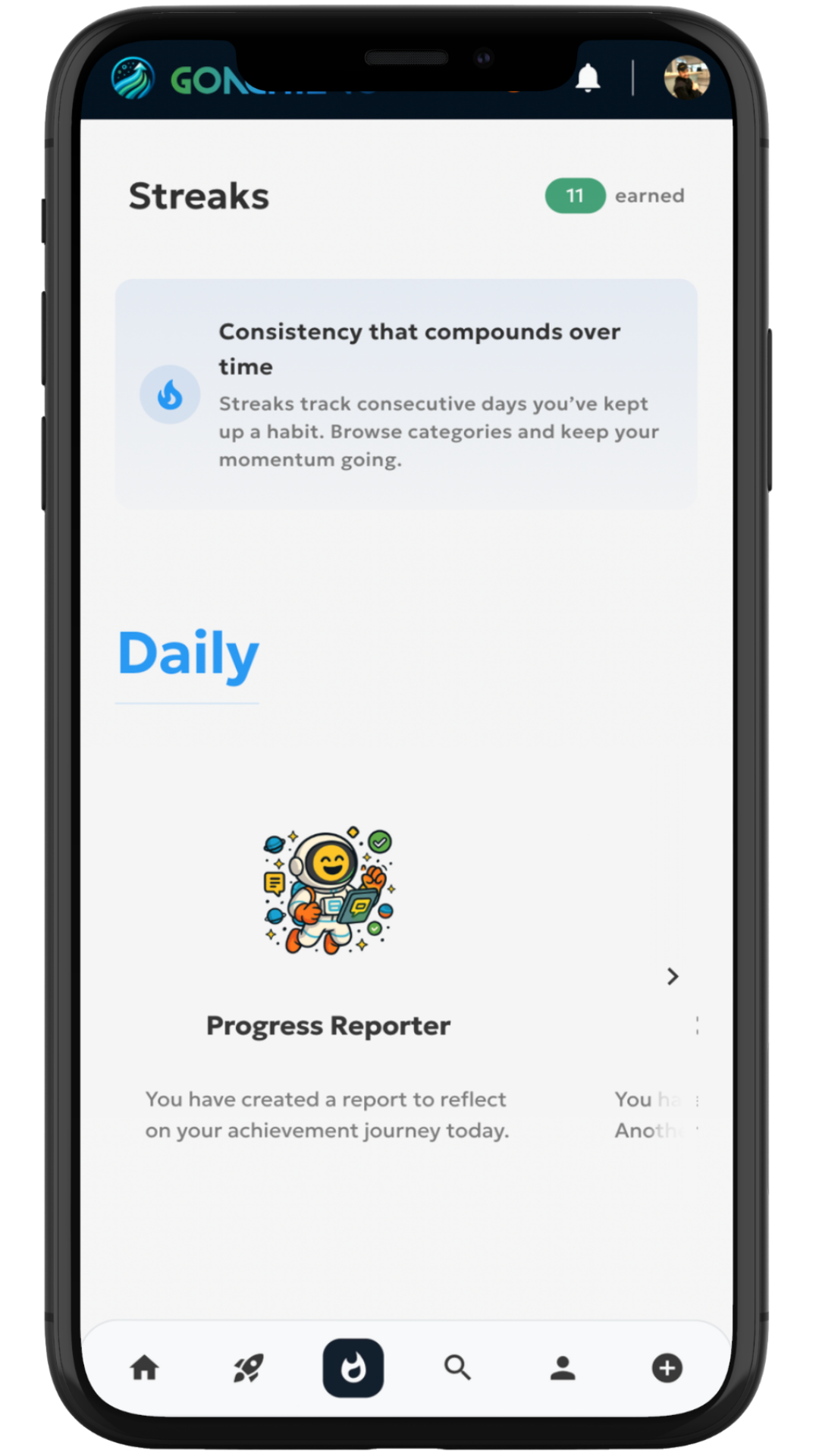 Goachievo streaks screen